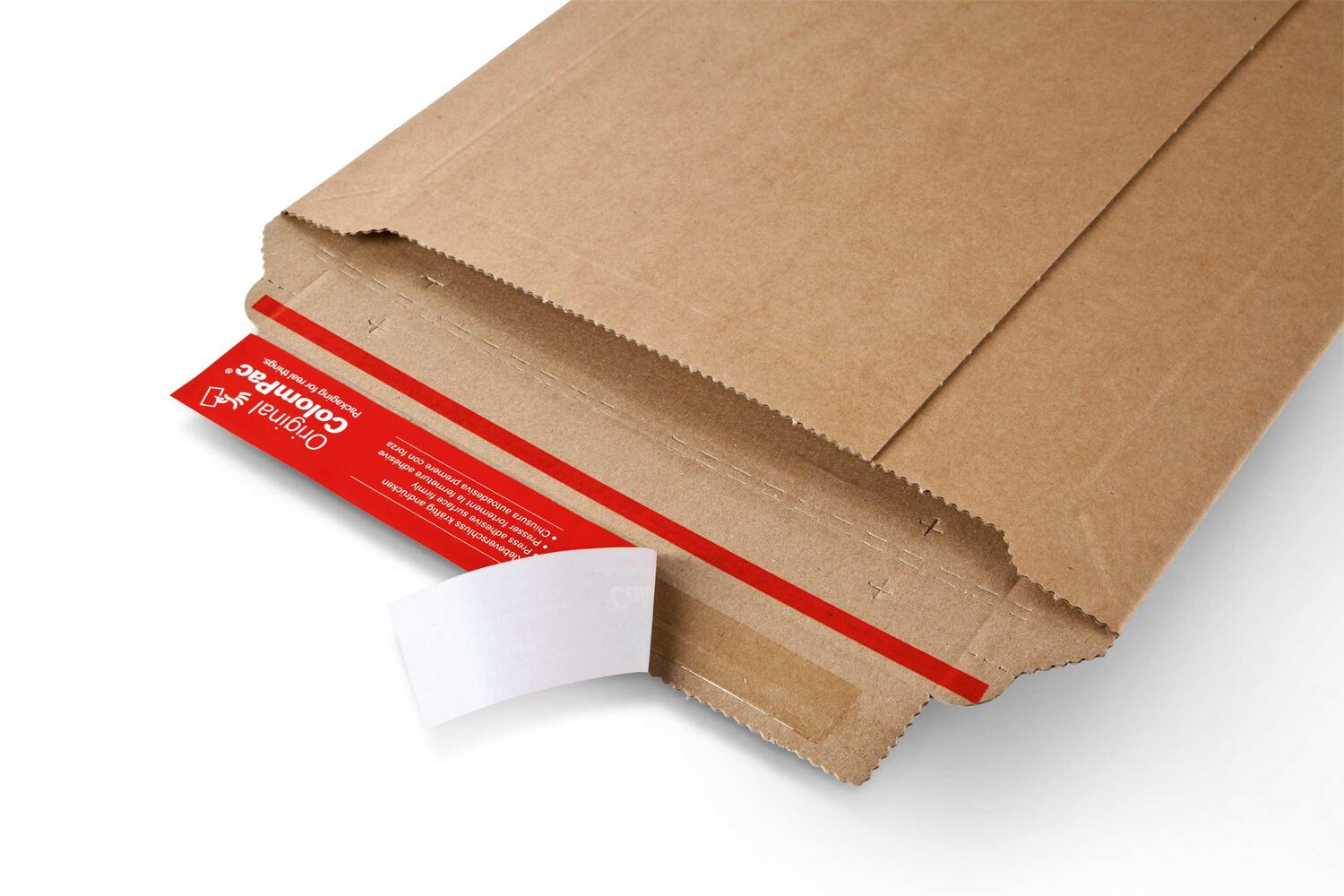 ColomPac Robuste Versandverpackung 371 x 304 x -90mm mit Sicherungslaschen, Selbstklebeverschluss & Aufreifaden braun